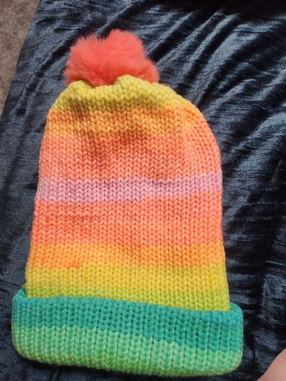 Kids Colorful Beanie With Orange Pom